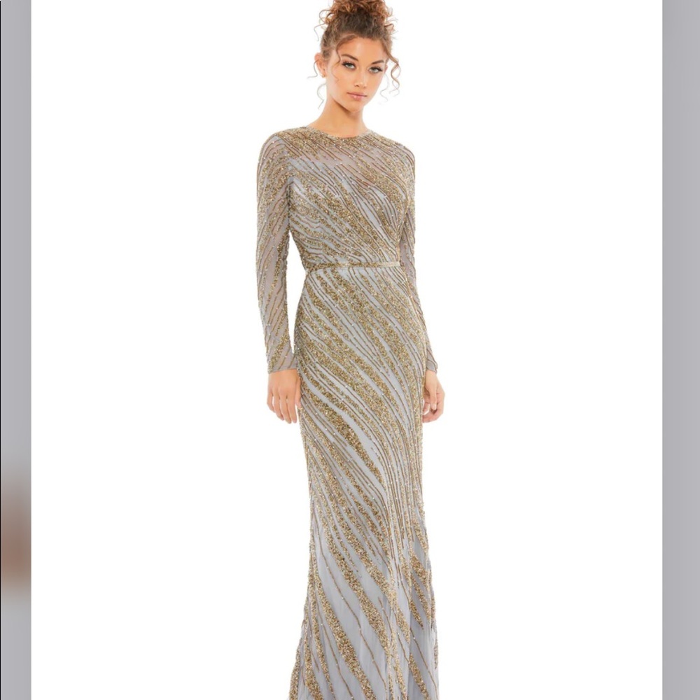Mac Duggal long sleeve beaded column gown platinum